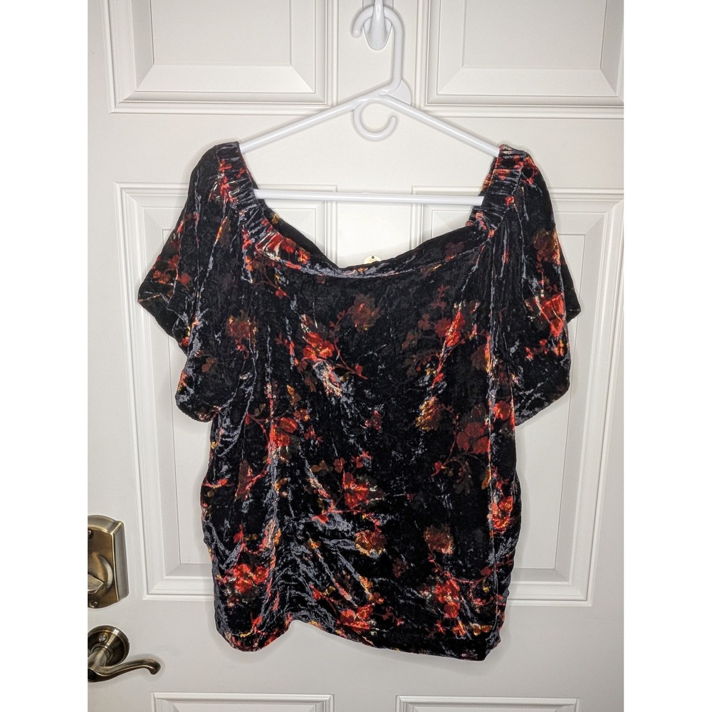 LOFT Womens XL Floral Crushed Velvet Top Black Red Orange Short Sleeve Blouse